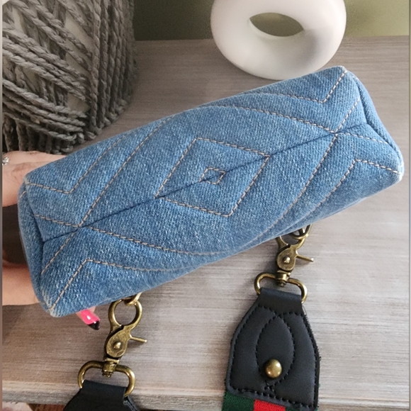 Gucci Marmont Denim Pouch Crossbody Bag Pearl GG Logo - Picture 6 of 13